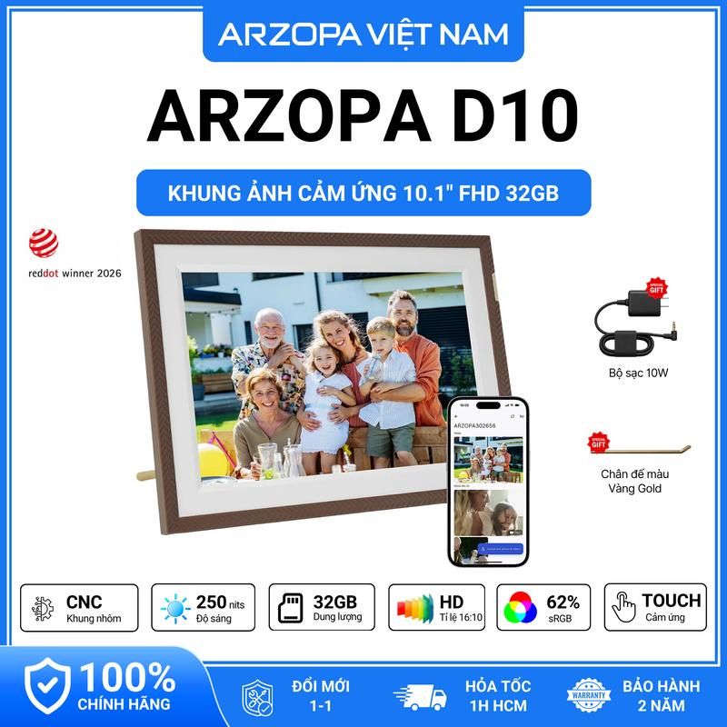 Khung ảnh kỹ thuật số ARZOPA D10 Brown WiFi 10.1" | Màn hình cảm ứng IPS HD 1280x800 Bộ nhớ 32GB Tự động xoay Ảnh &Video