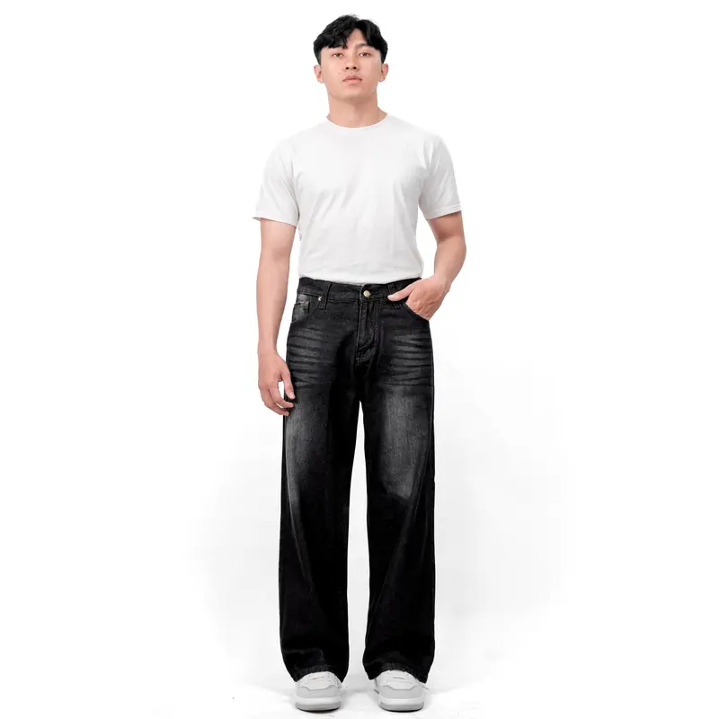 Gizmo - Celana Jeans Wide Leg Wisker Lebar Gombrong Skena Black Wisker pria loose Straight   fit jumbo big keren Bahan Denim Nyaman Oversize Panjang Santai Hitam Dark Casual 8