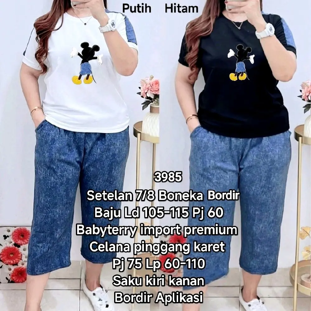 Setelan 7/8 Kulot Bordir Babyterry Import Premium Warna Halus LD 100-110 Celana LP 60-110 Pinggang Karet Motif Kantong