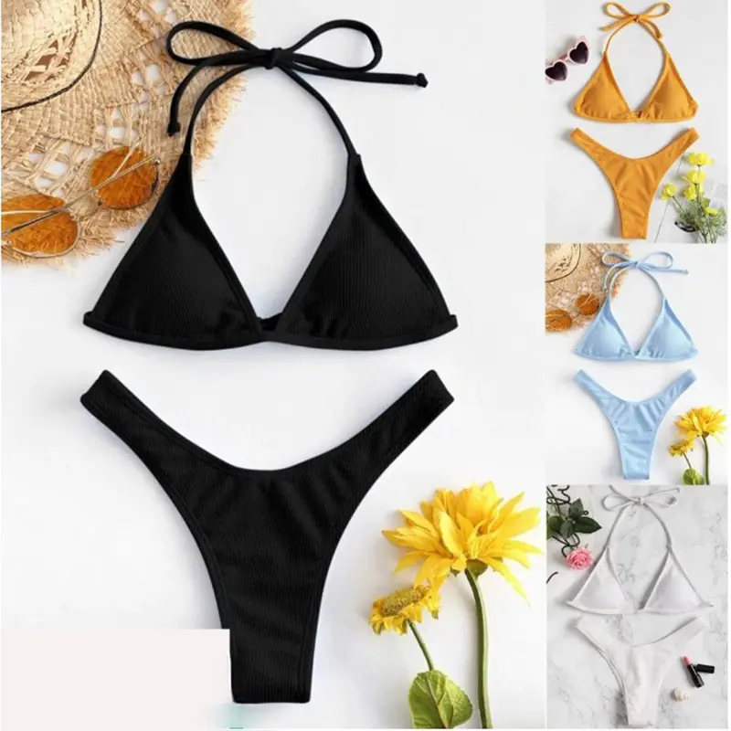 Set Bikini Potongan Tinggi Wanita, Set Bikini Renda, Halter, Padat