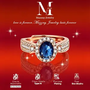 Mazzny Cincin Wanita Batu Safir Biru Anti Karat Anti Alergi Ukuran Bisa Diatur Gratis Kotak Bludru