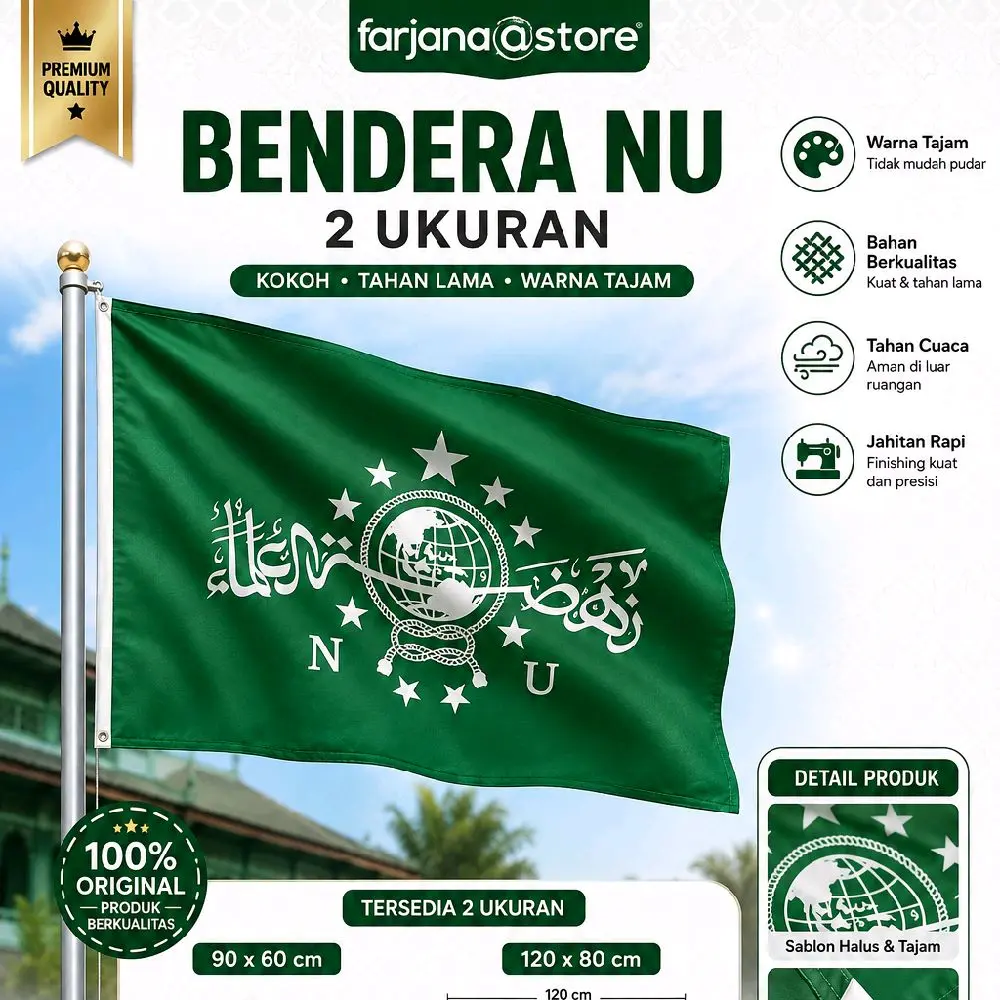 Bendera NU Nahdlatul Ulama Hijau Premium Original | Bendera NU 90x60 cm & 120x80 cm | Bendera Organisasi NU | Bendera Kegiatan Keagamaan | Bendera Outdoor & Indoor |