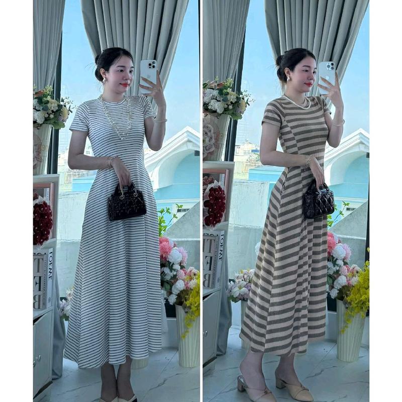 ĐẦM BODY SỌC DÁNG DÀI CỔ TRÒN 2 SIZE CÓ TÚI 2 BÊN