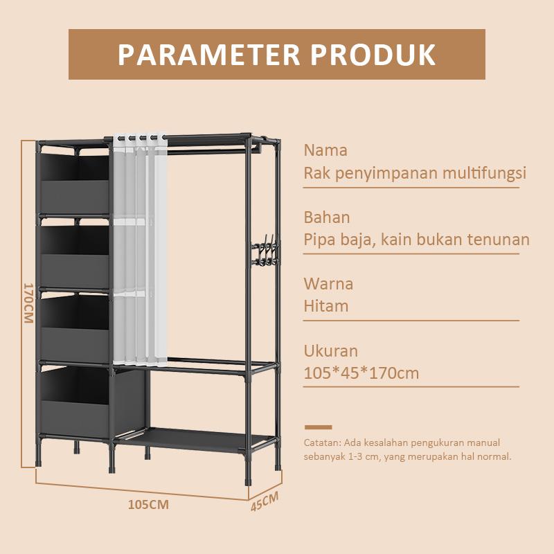 COD Rak Gantungan Pakaian Wardrobe Clothes Storage Rack Stand Hanger Rak Lemari Pakaian Minimalis Rak Penyimpanan Dengan Tirai Laci Portable