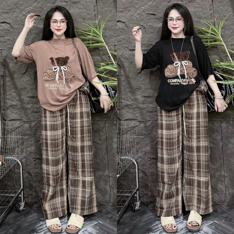 Set Đồ Bộ 'THUN TĂM LẠNH' Nữ QBN QUẦN SUÔNG CARO THÊU GẤU BIGSIZE 45-85KG