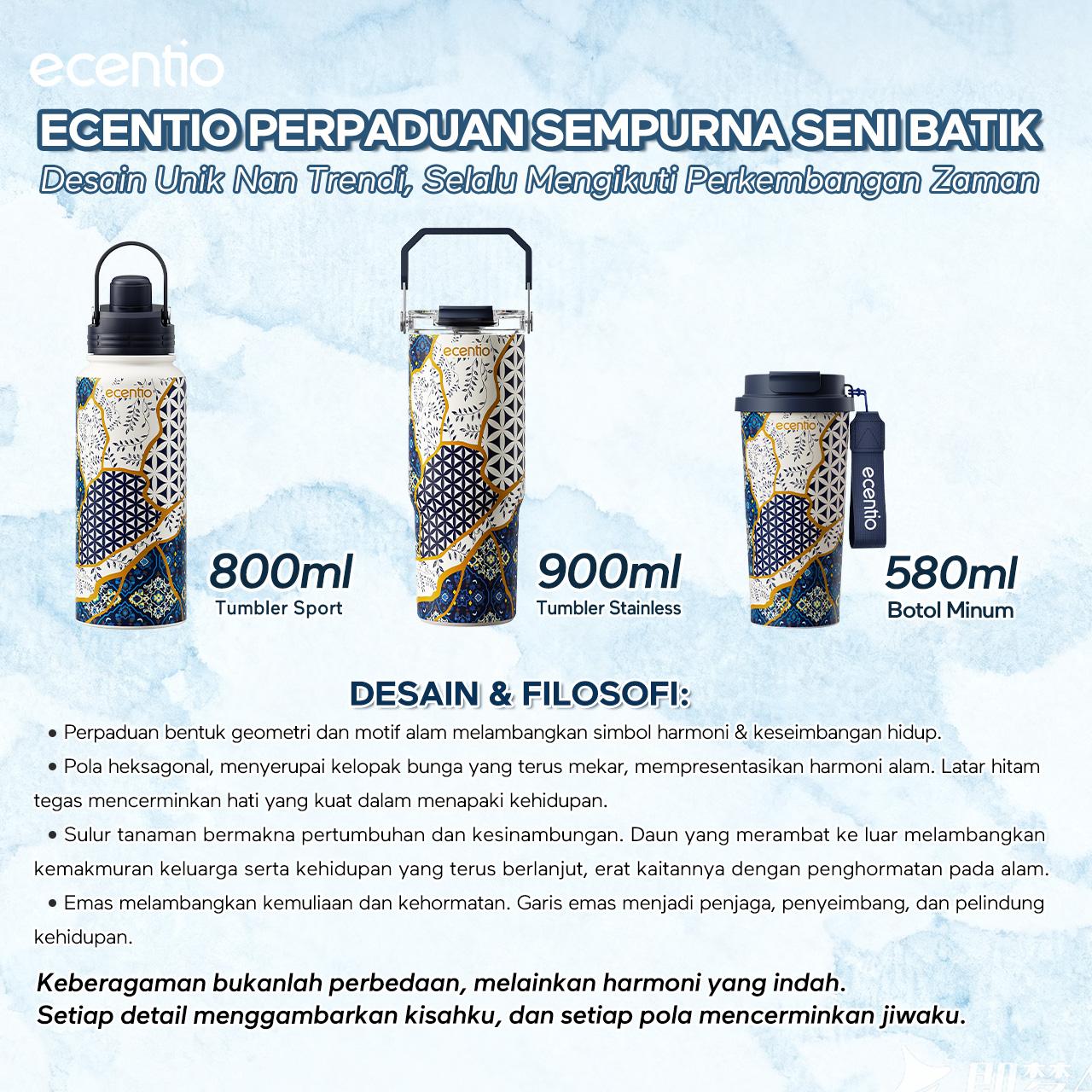 Ecentio Botol Minum 【live】Batik Aesthetic 580ml/800ml/900ml 【Stainless steel】【Plastic】Magnetic cover Vacuum  Flasks- Tahan Panas & Dingin, Food Grade, Desain Modern Warisan Budava BPA free
