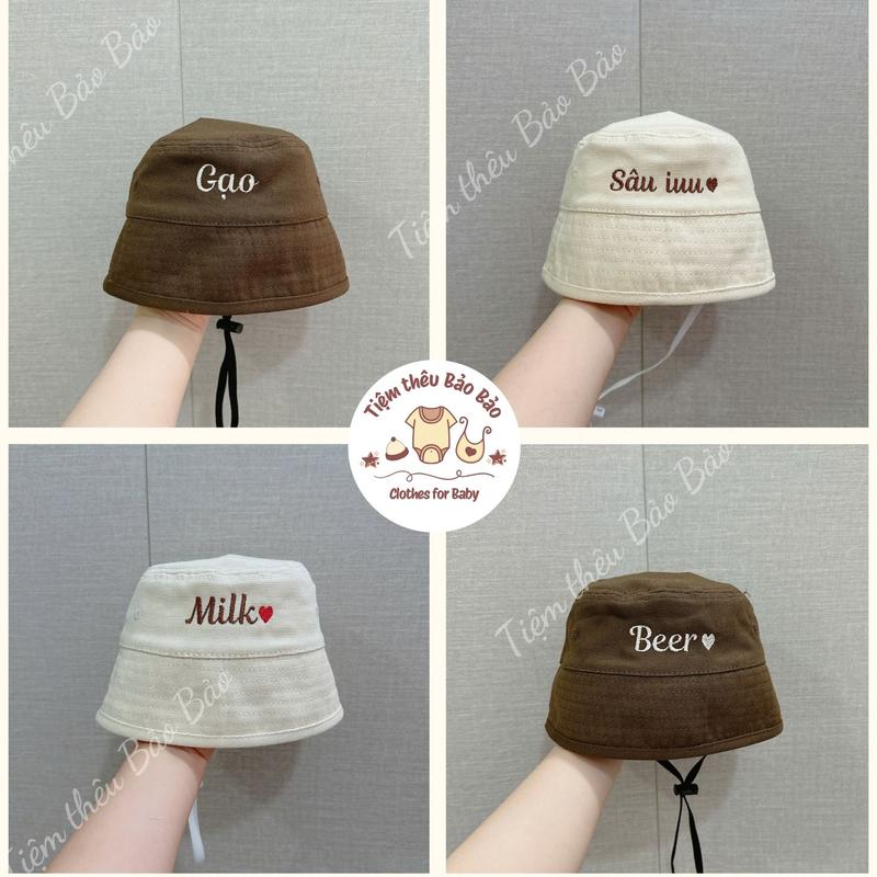 (Hàng Thêu) Mũ Bucket Thêu Tên Cho Bé Chất Vải Thô Không Mềm Phong Cách Hàn Quốc Bảo Vệ Đầu Bé Đi Chơi Đi Học