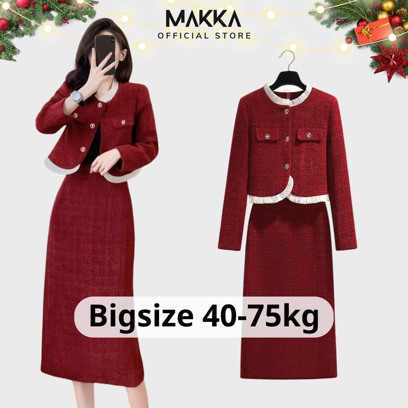 Set nữ bigsize MAKKA bộ áo dạ tweed 2 lớp phối tơ viền kèm chân váy 198 Women Top