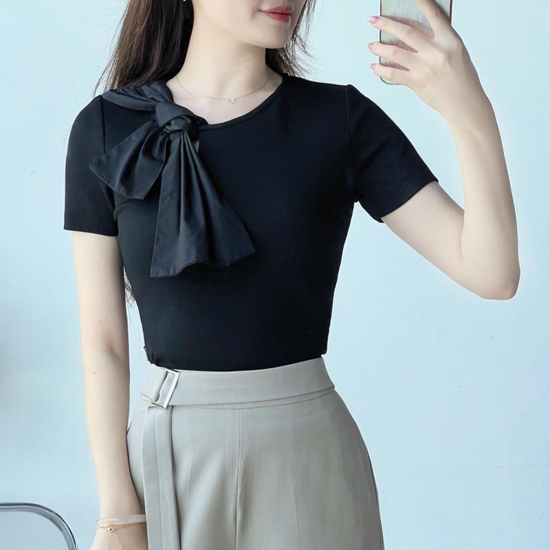 Áo Thun Kiểu Nữ CCHAT Kezia Dáng Ôm Cổ Xoắn Nơ Chất Thun Co Giãn 15TNC8010OT