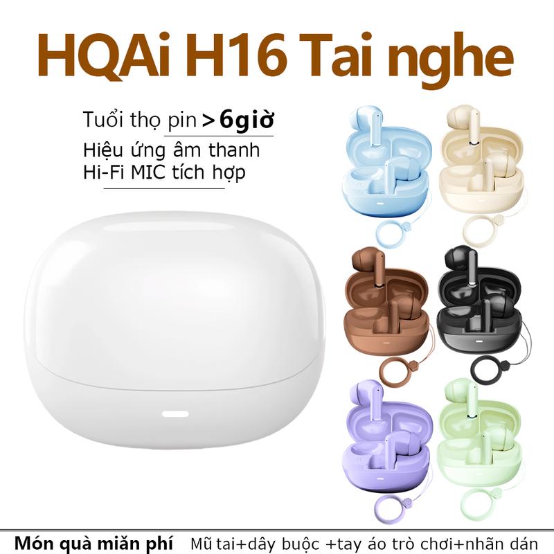 HQAi H16 - Tai nghe Bluetooth không dây tích hợp MIC, chống nước, dùng cho iPhone và Android, cảm ứng chạm, chống ồn, âm thanh stereo Hi-Fi 3 quà tặng (dây buộc miễn phí+tay áo trò chơi+nhãn dán)