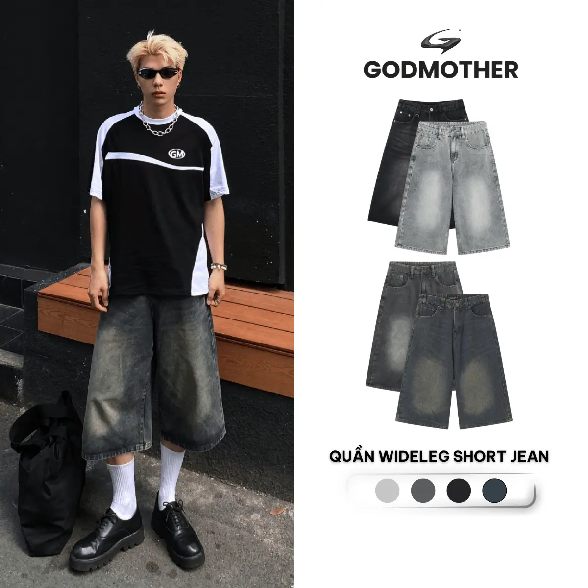Quần Wide Leg Short Jeans GODMOTHER Quần Short Nam Menswear Ống Rộng, Quần Jeans Short Lửng Phong Cách Cá Tính