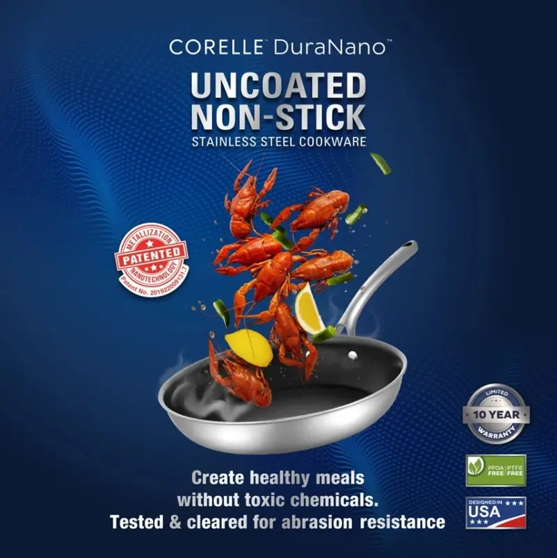 CORELLE DuraNano 28cm Wok Pan with Lid - Uncoated Non-Stick