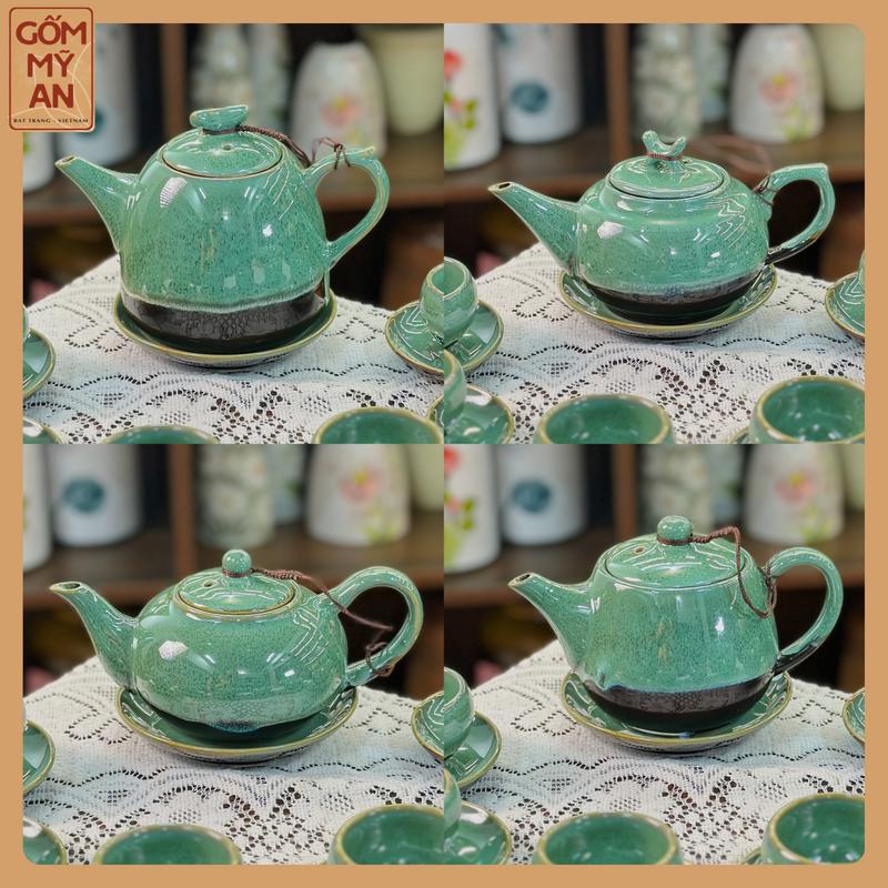 Bộ ấm chén uống trà Gốm sứ Bát Tràng men hỏa biến màu thiên thanh cao cấp an toàn khi sử dụng