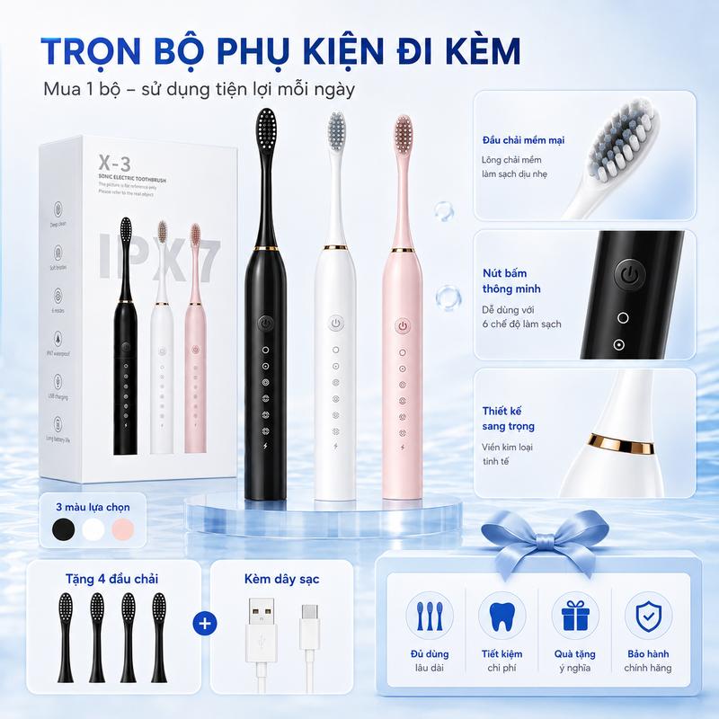 Bộ Bàn Chải Đánh Răng Điện Tự Động X-3 Cho Người Lớn, Lông Mềm Chống Nước IPX7,…