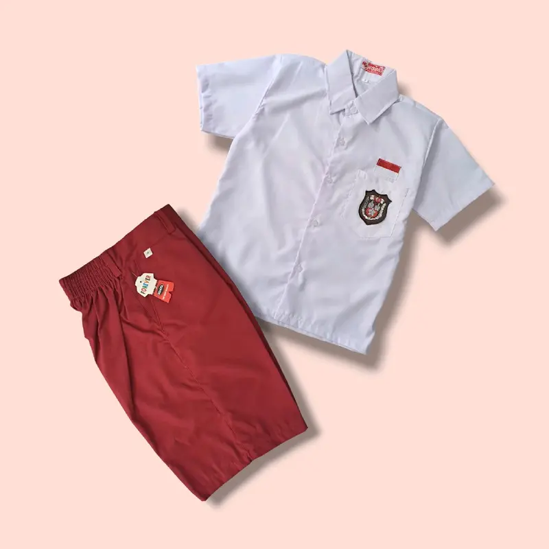 Setelan Seragam Sekolah Merah Putih  SD Anak Laki-Laki Baju Putih Lengan pendek Celana Merah Pendek 2