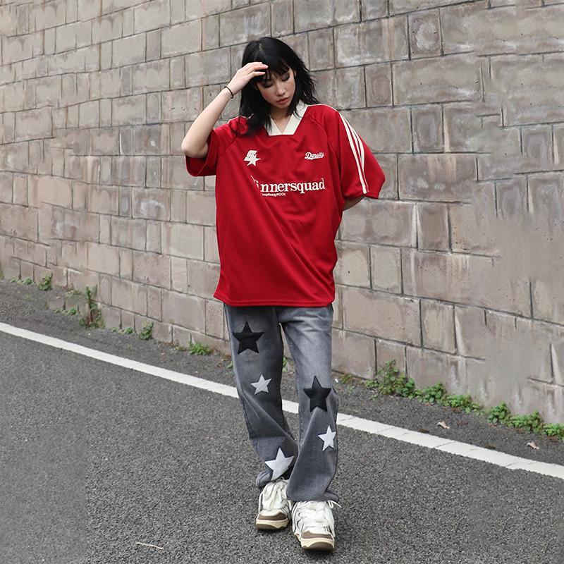 Product Introduction of Summer Heavy Embroidery American Retro V-neck Sports Casual Red Jersey Korean Short Sleeve Women's High Street Loose Couple T-shirt Fashion Brand Ins New Half Sleeve Men's Racing Clothes Top Black Basketball Shirt 25