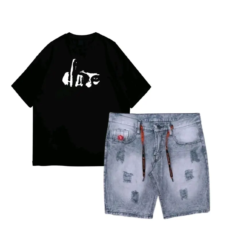 Setelan kaos distro motif HATE YOU dan celana jeans sobek pendek 1
