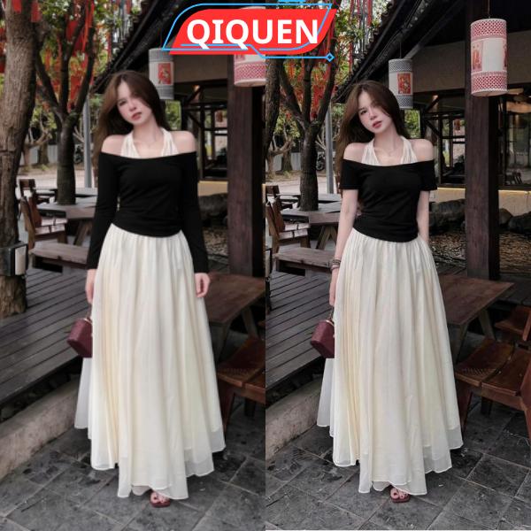 Sét áo trễ vai đen cổ yếm mix chân váy midi dài xoè voan tơ cá tính tiểu thư Q001