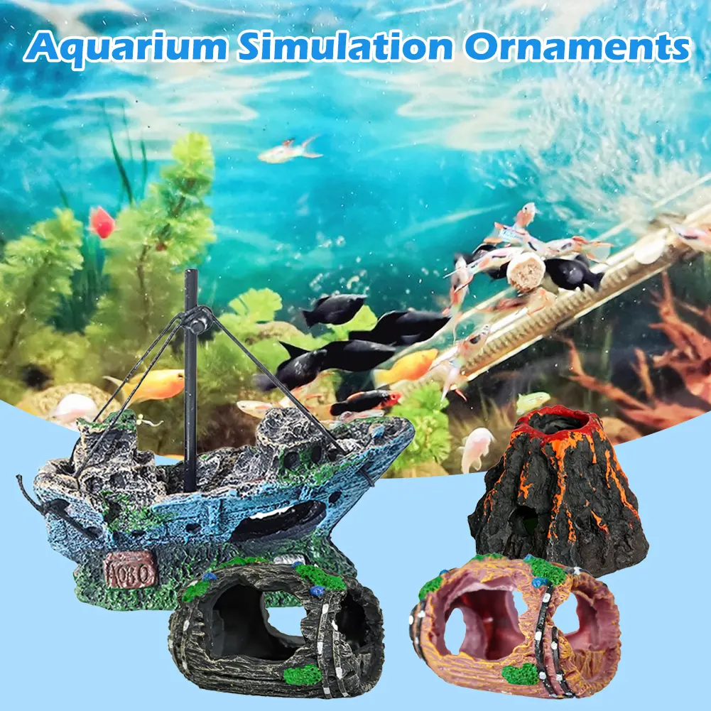 Aquarium Wine Barrel Pirate Boat Volcano Resin Ornament Artificial Barrels Cave Fish Tank Landscape