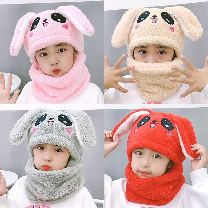 Winter Cartoon Rabbit Coral Velvet Cap Plush Balaclava Kids Caps Double Fleece Warm Neck Cap Children 0