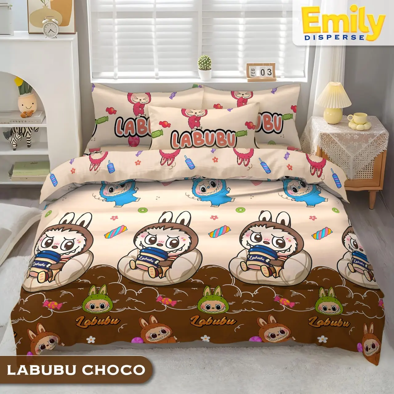 Sprei Motif LABUBU Bahan Kain Katun Disperse ukuran 120 160 180 200, Sudah 1 set dengan Sarung Bantal dan Guling, Terdapat Karet Kerut Disetiap Sisi