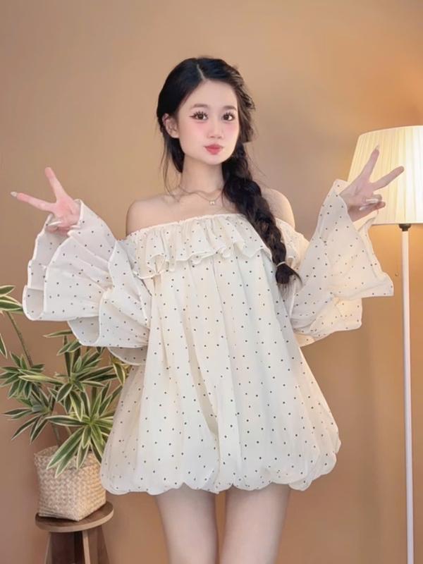  Đầm - Váy babydoll trễ vai form bí bồng phong cách tiểu thư sang chảnh D130 size S M 40-56kg 