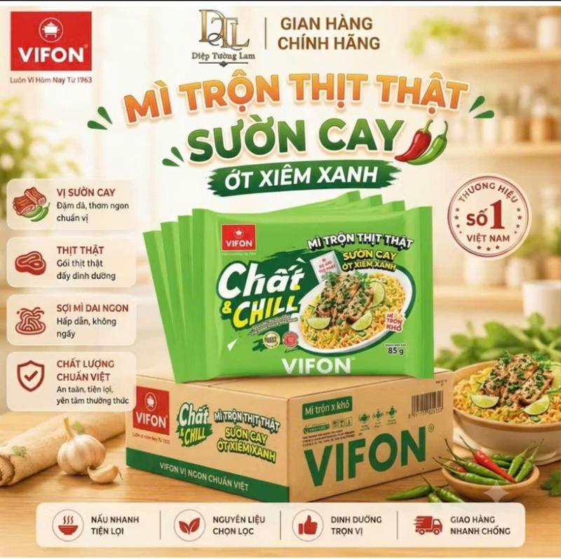 Thùng 24 Gói Mì Thịt Thật Gà Cay Chất & Chill VIFON (85g/Gói) - Sợi Mì Dai Ngon, Đậm Vị Kích Thích Vị Giác
