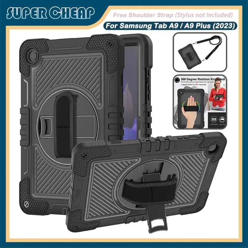 For Samsung Tab A9 X115 X110 A9+ A9 Plus X210 X216 360° Rotating Hand Strap Kickstand Cover Heavy Duty Shockproof Case
