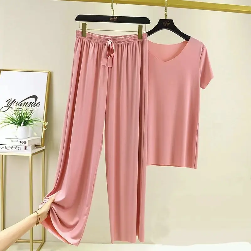 Summer Ice Silk Two Piece Set for Women's Home Furnishings Short sleeved Wide Legged Pants Top Loose Casual Sleepwear Loungewear Pajama