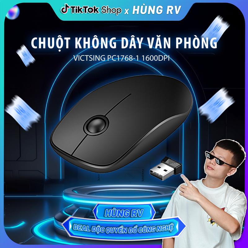 Chuột Không Dây Văn Phòng Victsing - Thiết kế siêu mỏng, Pin AAA, DPI 1600, Màu Đen (Tặng Kèm Bàn Phím Layout AZERTY)