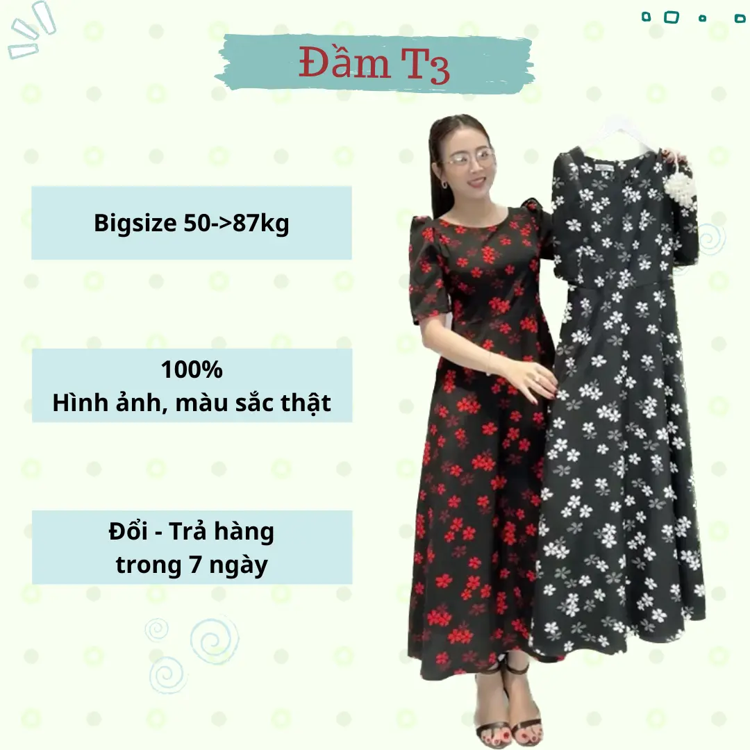 Đầm trung niên dáng xòe phối hoa nhẹ nhàng T3 (50-87kg) - Bigsize Hồng Phúc