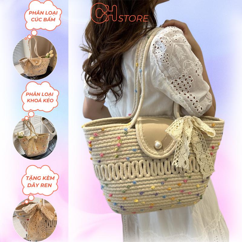 Túi xách nữ đeo vai tote đi biển vải sợi đan có khoá và cúc bấm kèm nơ