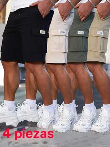 Conjunto de 4 pantalones cortos cargo casuales para hombre, con bolsillos prácticos y cintura con cordón, de fibra de poliéster, ideales para deportes, actividades al aire libre y uso diario