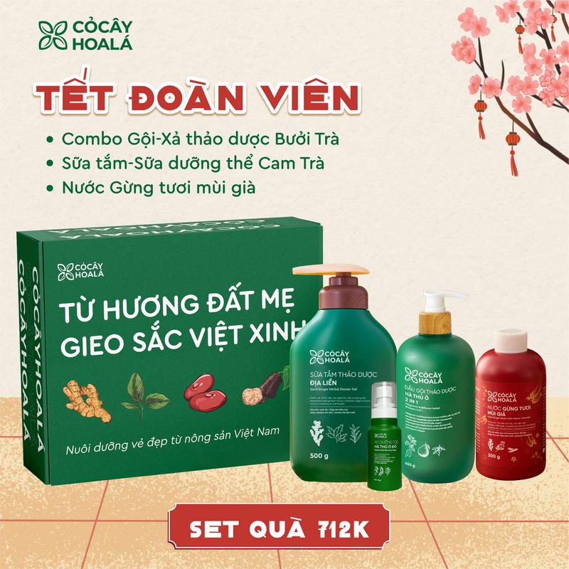 TẾT ĐOÀN VIÊN 712K Set quà Tết Cỏ Cây Hoa Lá "Khởi nguồn tự nhiên – Giữ Hồn Tết Việt": Combo Dầu Gội Hà Thủ Ô 2IN1 420g Xịt Tóc Hà Thủ Ô Đỏ 100g Sữa Tắm Địa Liền 500g Nước Gừng Tươi Mùi Già 300g