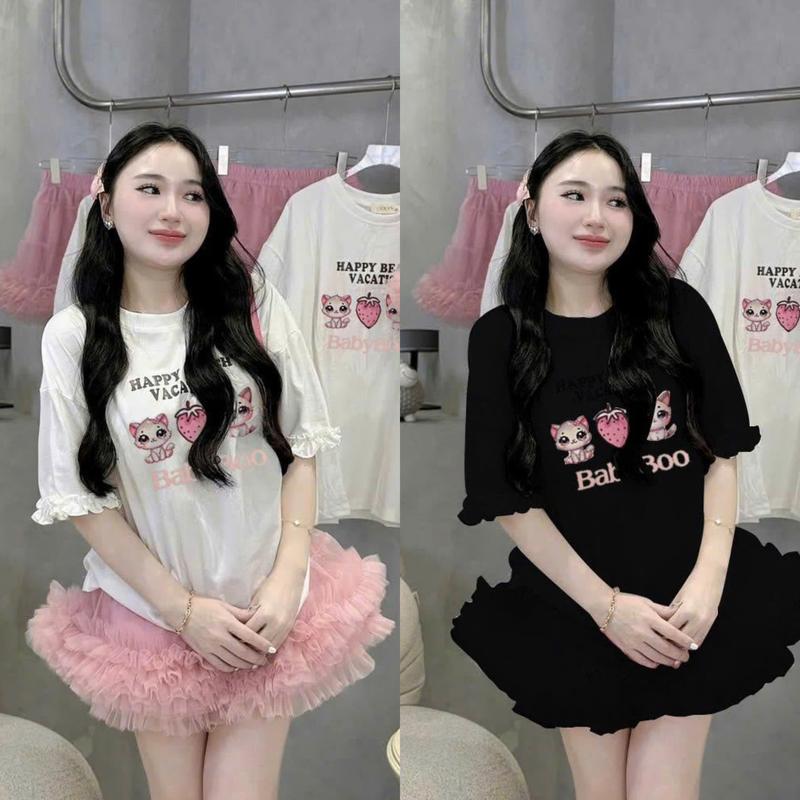 S980 (TÁO ĐỎ BIGSIZE 55-90KG) SET 2 MÓN ÁO THUN TAY BÈO + CHÂN VÁY BÈO XÒE