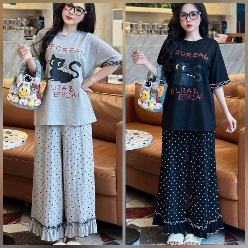 SÉT ĐỒ SUÔNG NỮ THUN TĂM QC TIỂU THƯ QUẦN ỐNG SUÔNG CHẤM BI PHỐI BÈO CÁCH ĐIỆU IN MÈO THUN CO GIÃN BIGSIZE Áo Nữ Women Top Cotton Đen Freesize từ 40–85KG