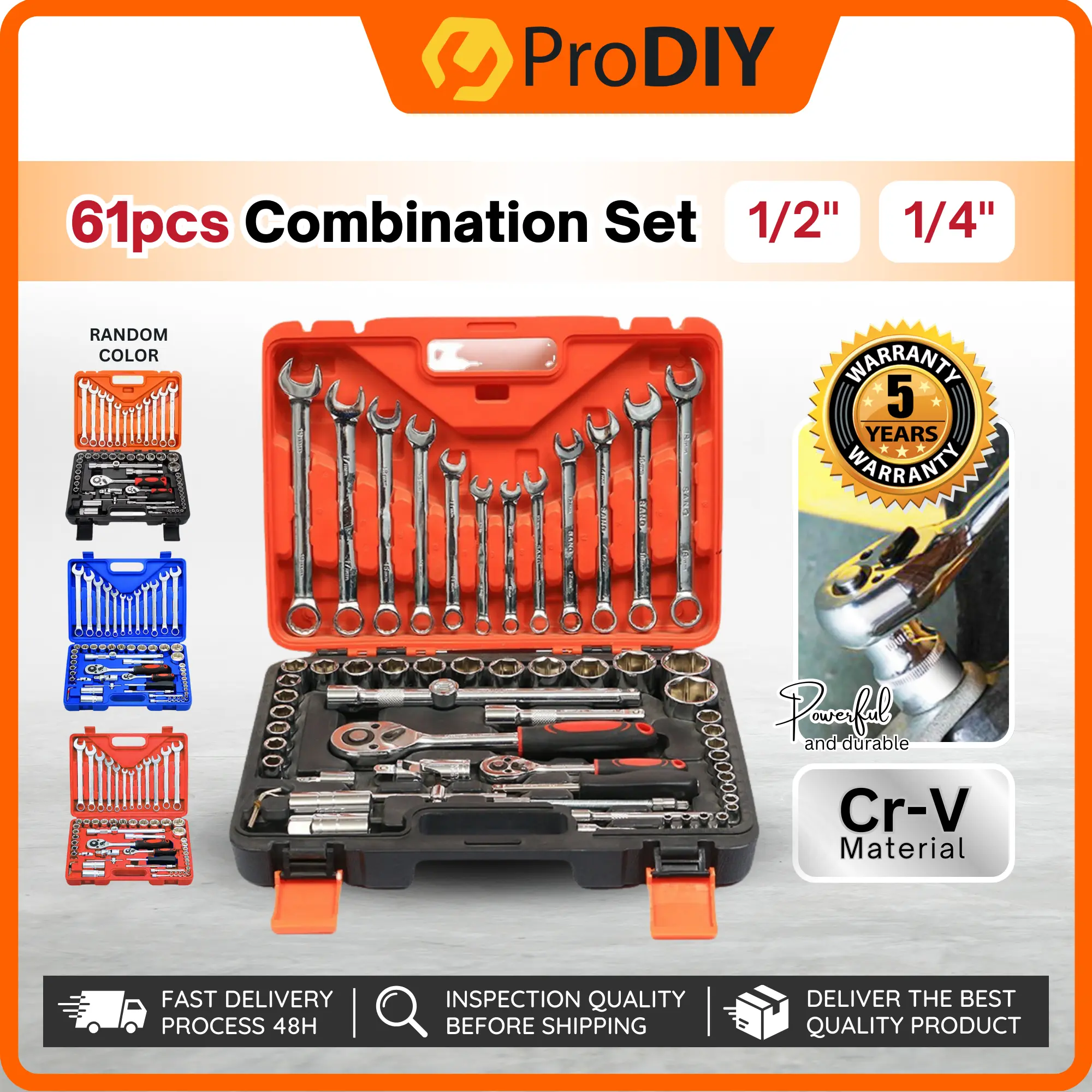 PRODIY 61pcs Combination Spanner Set Socket Ratchet Wrench Tool Set (5 YEARS WARRANTY)