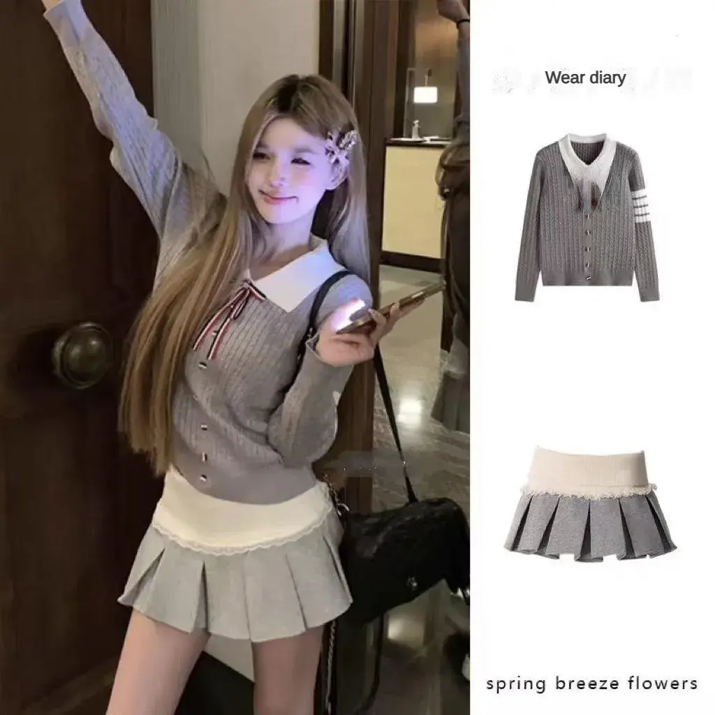 Bộ Áo Dệt Kim Và Chân Váy Cạp Cao Kiểu Preppy, Cổ Búp Bê, Thiết Kế Khối Màu Nữ Women Top Umi