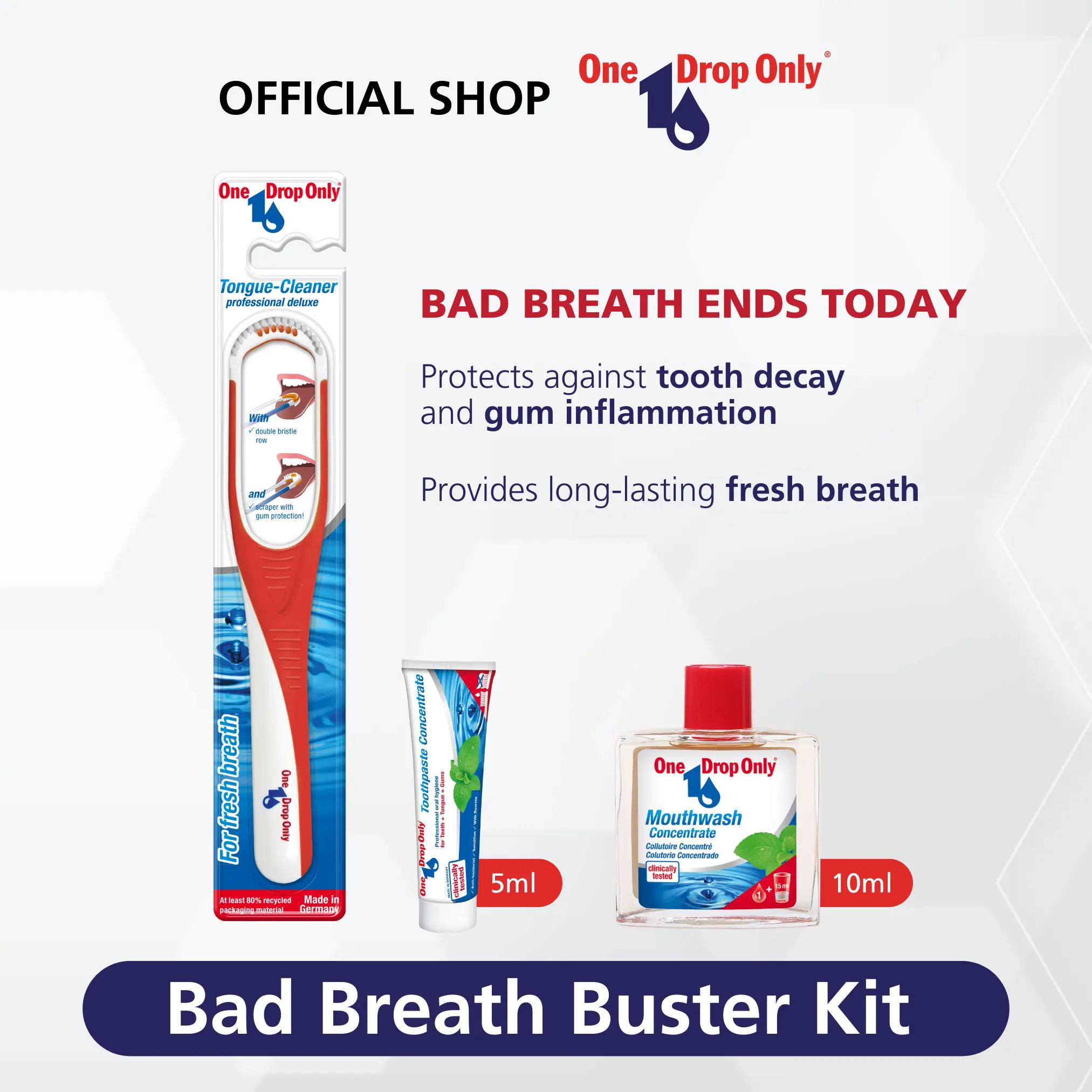 One Drop Only Bad Breath Buster Kit - Tongue Cleaner, Toothpaste and Mouthwash