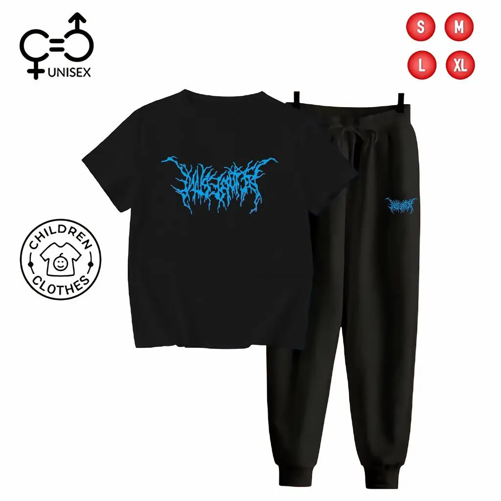Baju Fashion SETELAN Anak Laki dan Perempuan Unisex KAOS + Celana JOGGER Hitam - ETHER BLUE