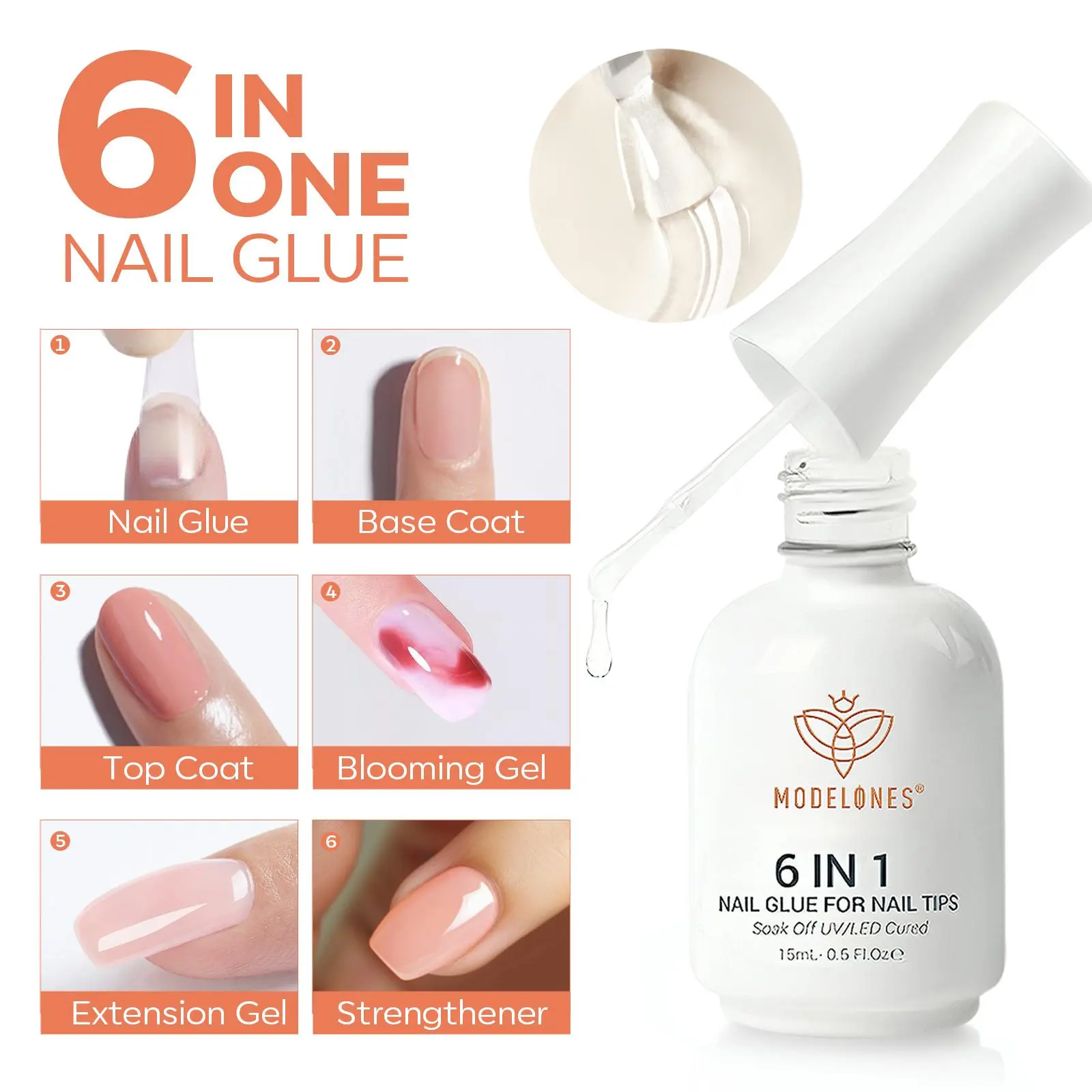 Keo Dán Móng Tay, Modelones, 6 Trong 1, 15ml, Gel Nở, Chất Tăng Cường Độ Bền Cho Móng Tay, Gel Nối Dài, Có Thể Lột Dễ Dàng