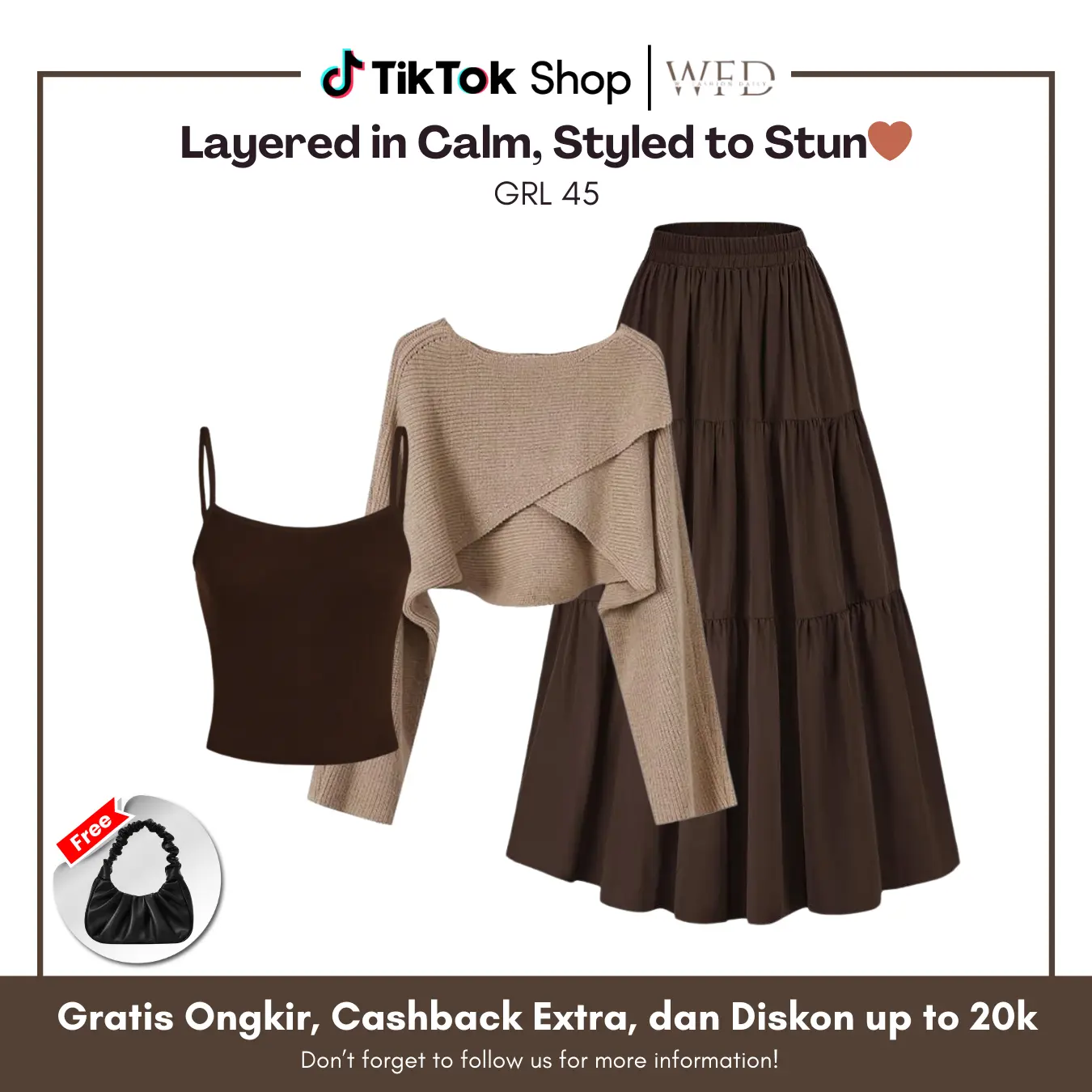 WFD | Setelan Shea Knit Sweater Cream, Tanktop Cokelat Tua, Rok Susun Cokelat Tua | GRL 45