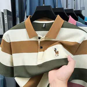 Polo Shirt Pria Original Striped Lengan Pendek Biru Khaki Hijau M L XL XXL XXXL Desain Garis-garis Stylish Cocok untuk Berbagai Kesempatan