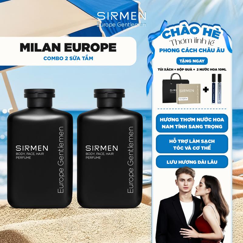 Bộ quà tặng nam MILAN EUROPE - Gồm 2 Sữa tắm gội nam 4 in 1 hương nước hoa châu Âu SIRMEN Europe Gentlemen 350g công nghệ tiên tiến | TẶNG TÚI XÁCH &  NƯỚC HOA 10ML