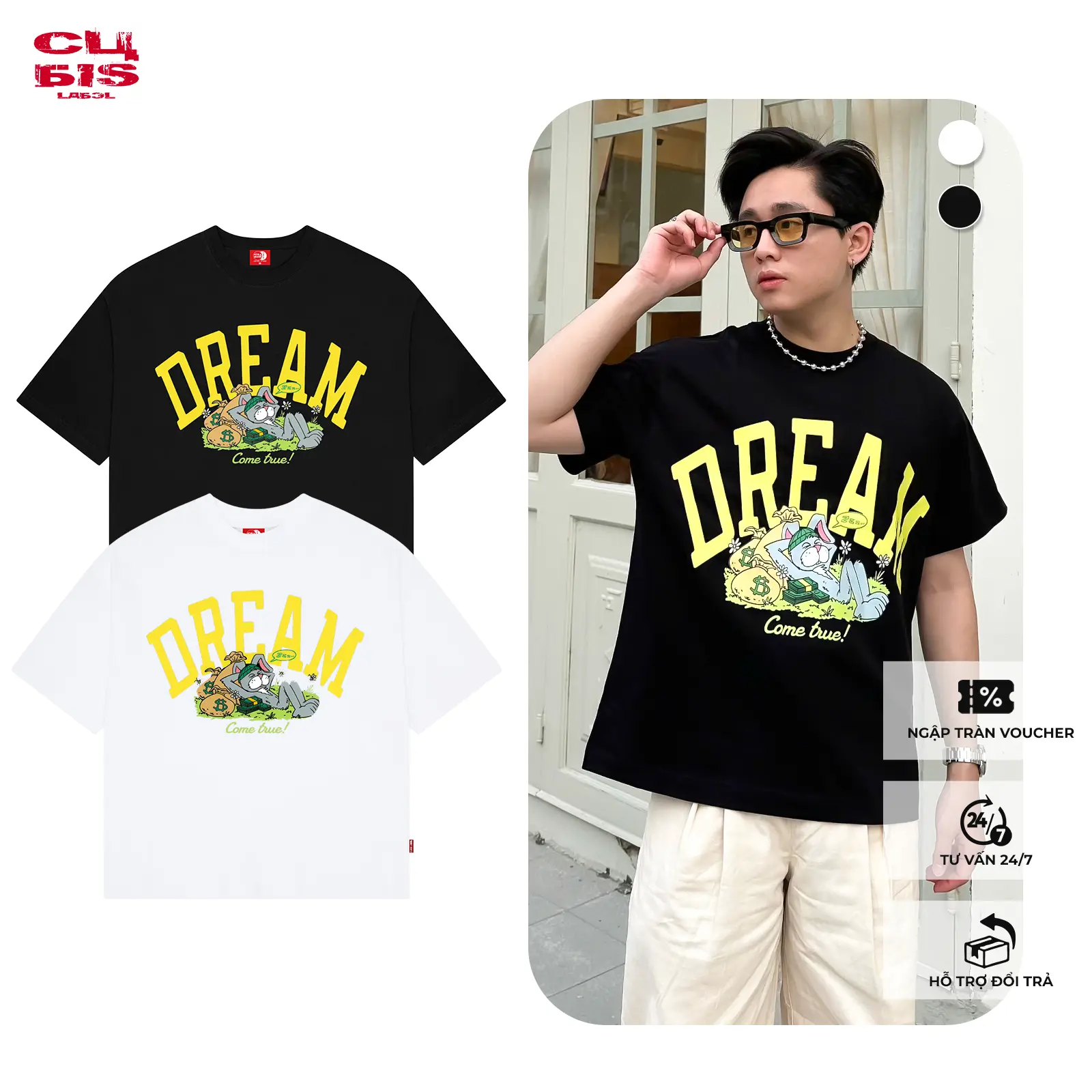 Áo thun Basic Dream 100% Cotton Unisex Nam Nữ Form Boxy Tee Cổ Tròn Đen XL Menswear