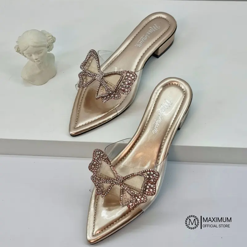 Maximum - Sandria Sandal Flat Hak 3cm Wanita Ujung Lancip Sandal Premium heels runcing Hitam Karet Pesta Shoes 4