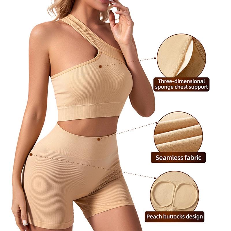 Bộ Đồ Tập Gym Không Đường May Cho Nữ, 2 Món, Yoga, Áo Ngực Thể Thao, Áo Crop Top, Quần Đùi Cạp Cao, Trang Phục Tập Thể Dục, Quần Áo Tập Luyện 1