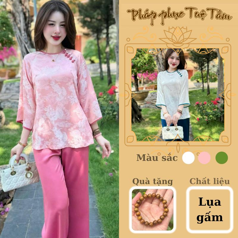 Set đồ lam đi chùa cổ tròn khuy tết lụa gấm hoa Pháp phục đi chùa tay lỡ Đồ bộ đi lễ cách tân Tay dài Có hoa Nữ Áo Women Top Kem Xanh sz l thường