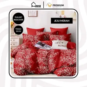 "PREMIUM BUNDLE" Bedcover Fullset Motif Jeju Merah - Bahan Premium Silk - Lembut & Adem & Anti Luntur (Tinggi Sprei 30cm)