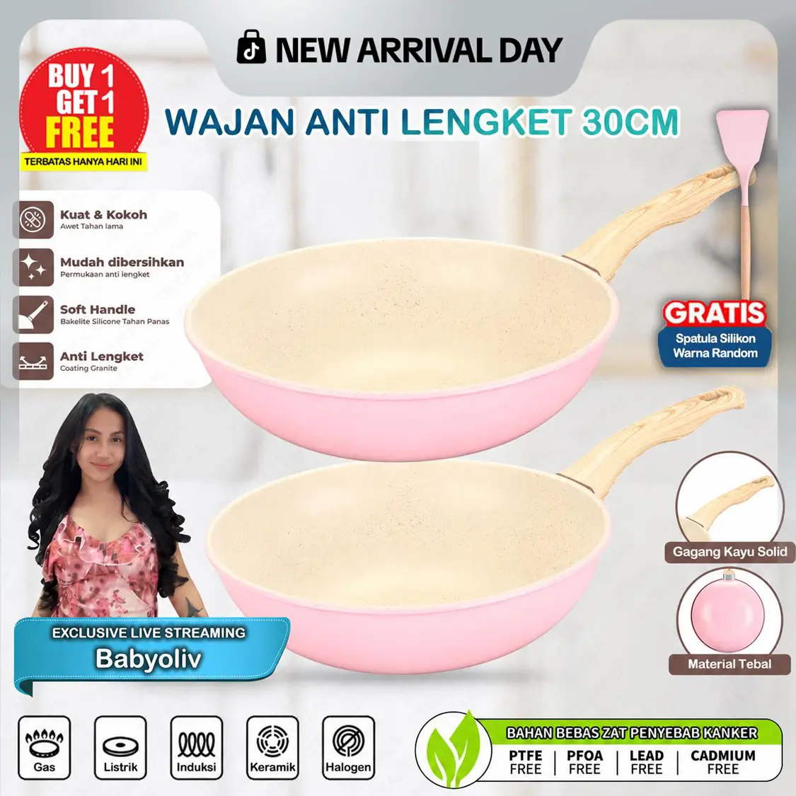 [TERBARU] BUY ONE GET ONE TEXANIA Wajan 30cm Anti Lengket Gagang Kayu Lembut Tahan Panas Warna Pink Free Spatula Silikon